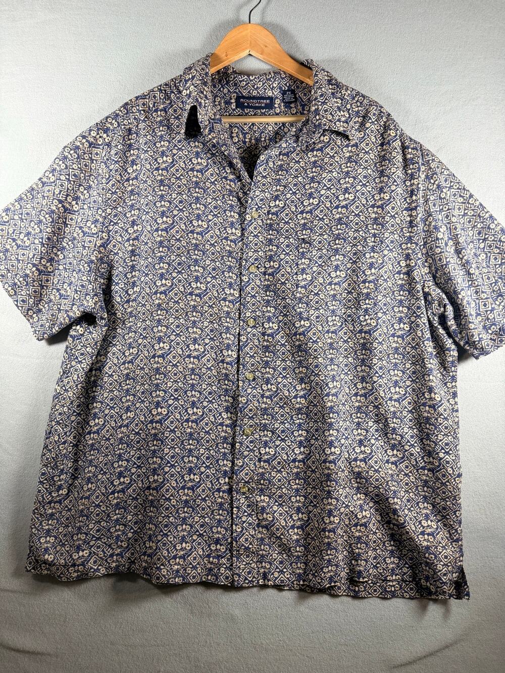 Roundtree & Yorke Men’s Linen Blend Button Up Shirt 2X Blue Tan Geometric Floral
